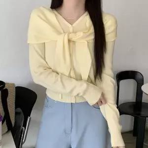 [하프클럽/]여성 간절기 숄카라 리본넥 봄가을 니트 가디건