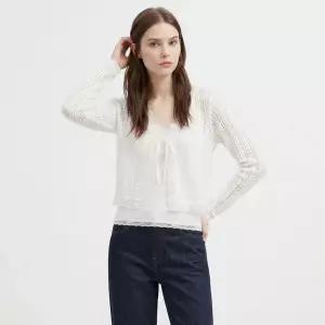 여성 Y오픈 레이스 뜨개 레이어드 펀칭 긴팔 가디건 MSE-WCD-21188-아이보리