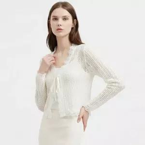 여성 Y오픈 레이스 뜨개 레이어드 펀칭 긴팔 가디건 MSE-WCD-21188-베이지