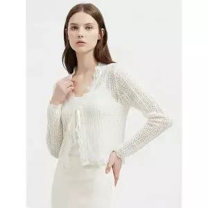 [하프클럽/샵앤]여성 Y오픈 레이스 뜨개 레이어드 펀칭 긴팔 가디건 MSE-WCD-21