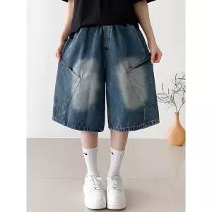 [하프클럽/]데님 사이드포켓 버뮤다 허리밴딩 와이드 청반바지 워싱 데일리