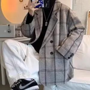 가을 캐주얼 남자 하프 모직 코트 체크 패션 루즈핏 트렌치 원픽3