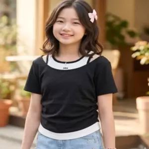 소이주니어 여름옷 여자 4부 어깨 트임 레이어드티 여아 고학년 중학생 반팔티 6M5459