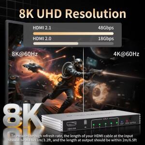 8K@60Hz 4K@240Hz HDMI 스위치 5입력 1출력 48Gbps  스위처 비디오 셀렉터 리모컨 지원 HDCP2.3 HDR10