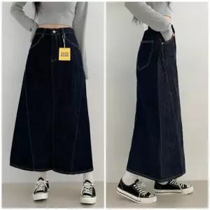 여성 난스판 터널밴딩 논페이드 사선절개 생지 데님 롱스커트