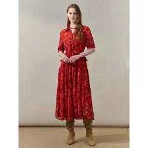 [하프클럽/]레드 플로럴 벨티드 티어드 셔츠 원피스