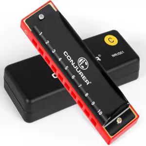 초보자를 위한 컨저 블루스 하모니카 10홀 다이아토닉 키 오브 C 황동 리드 메탈 마우스 오르간 케이스