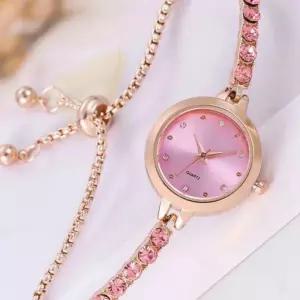 핑크 크리스탈 여성 손목 시계 샤인스톤 슬라이드 로즈 포인트 데일리 워치