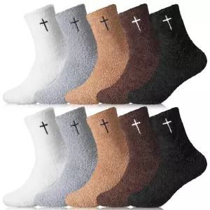 Cutecrop 5쌍 기독교 선물 양말 크로스 프린트 퍼지 양말 선물 겨울 종교적이고 푹신하고 아늑한 슬리퍼 양