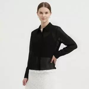 [샵앤] 여성 카라넥 밑단 레이스 심플 시스루 블라우스 NARU-WBL-21183