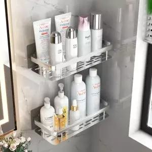 (색상 실버)무타공 일자 욕실 화장실 선반 세면대 접착식 타공 틈새 수납 정리 보관 거치대 샤워실 다용도