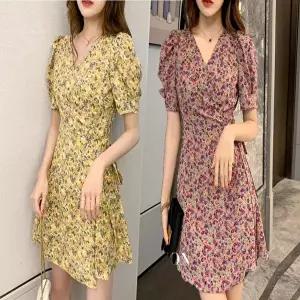 여자 청순 꽃무늬 퍼프 소매 V넥 반팔 랩 원피스 (HSJ-WEBF712)