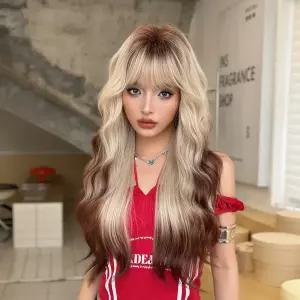 여성가발 롱 곱슬머리 큰 웨이브 풀커버 베이지 컬러 양끝 염색 모발 심쿵직구