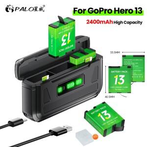 GoPro Hero 13용 PALO 2400mAh 블랙 스포츠 카메라 액세서리용 Type-C 포트가 있는 배터리 + 3슬롯 충전기