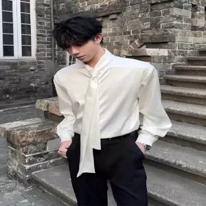 남자 블라우스 남성남방 연예인 클럽 의상 공연 무대 패턴 체크 프릴 타이 소매 여름남방