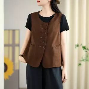 타노스여자 데일리룩 자켓 린넨마 빈티지 샌드 워싱 린넨 아우터 라운드 싱글 민소매 코트 KUK1