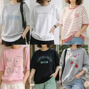 여성 맨투맨 후드 봄 스트라이프 면티 단가라 레이어드 프린팅 무지 귀여운 얇은 캐주얼 스? 레터링 가을 40대 크롭 오버핏 루즈핏 브이넥 라운드 7부 티 티셔츠