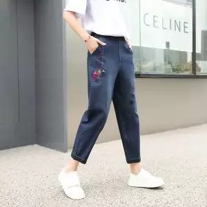 레트로 자수 데님 여자 청바지 여름 배기 팬츠