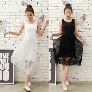 ONM 여성 예쁜 레이스 레이어드 민소매 여름 원피스