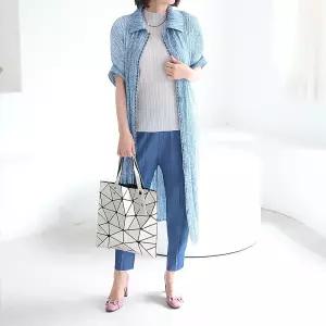 [쉬즈마담]J31688 샤도 데님패턴 플리츠 카라롱자켓 50대엄마옷