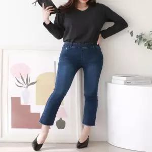 ONM 스판청바지 여자 8부 스판 데님팬츠 허리밴딩 청