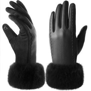 Trifabricy 여성용 가죽 장갑, 플러시 커프스가 있는 따뜻한 겨울 추운 날씨용 터치스크린 블랙 A, 원 사이