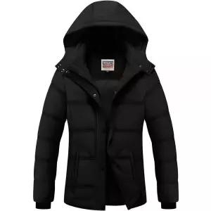 WULFUL 여성용 겨울 코트 가볍고 따뜻하고 두꺼운 패딩 재킷 방수 퀼트 겨울 재킷 탈착식 후드 포함, 블랙.