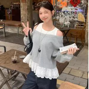 어깨트임 레이어드 프릴 밑단 맨투맨 티셔츠