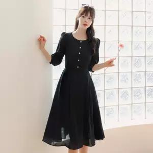 [시크라인] 오프스 타이 퍼프소매 플레어 원피스