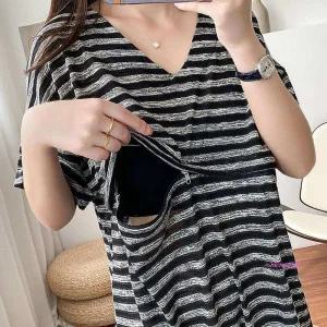 스트라이프수유티 여름 롱 빅사이즈수유복 수유원피스 반팔용품 조리원롱 외출 셔츠 선물mno870