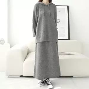 [문에이블]문에이블 여자 여성 겨울 루즈핏 오버핏 후드 니트 치마 스커트 투피스 세