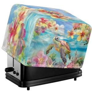 SAJJWHHR 바다거북 프린트 토스터기 2 슬라이스 와이드 슬롯 커버, 플로럴 프린트 토스터기 오븐 방진 커버 주방 액세서리, 얼룩 방지 빵 기계 커버, 파란색