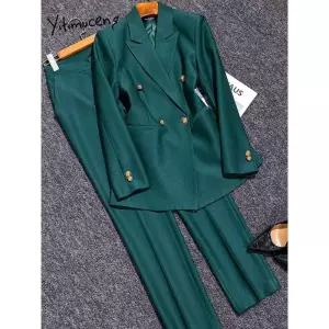 여자 봄 가을 면접복장 여성 투피스 Yitimuceng 여성용 패셔너블 레드 그린 팬츠 수트 더블 브레스트 포멀