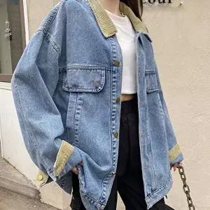 트렌디 캐주얼 여성 루즈핏 배색 카라넥 데님 자켓 (HSJ-WFH7LV1)