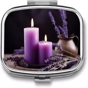 퍼플 라벤더 양초 사각형 알약 상자 포켓 또는 지갑용 2칸 장식 휴대용 미니 여행용 의약품 정제 비타민