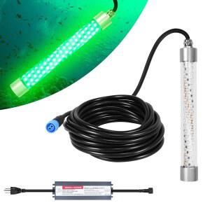 야간 낚시를 위한 16.4피트 코드 그린 피쉬 파인더 어트랙터가 장착된 HUSU LED 수중 낚시 조명 110V / 12V - 100W 10 000lm, 스누크 크래피 오징어 새우를 IP68 잠수정 램프