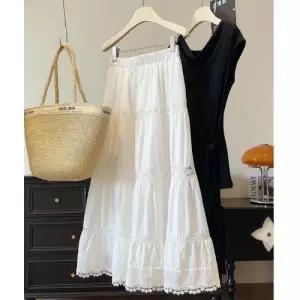 여자 치마 롱 여름 레이스 케이크 시폰 밴딩 A라인 허리 쉬폰 ST2