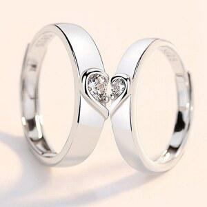 하트 모양 커플링 1쌍, 남녀 공용 사이즈 조절 가능, 구리에 은 도금된 손가락 반지, 도매 및 드롭쉬핑