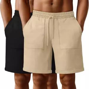니어 남성용 빅사이즈 코튼 린넨 혼방 반바지 2개입 7인치 버뮤다 밴딩 팬츠 허리 조절끈 여름 비치웨어 면