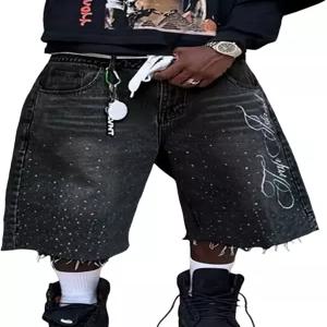 남성 라인스톤 배기 진 반바지 Y2K 캐주얼 빈티지 와이드 레그 스트레이트 카프리 데님 힙합 스트리트웨어
