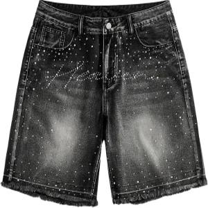 VIPWOLF 남성 조츠 Y2k 반짝이는 라인스톤 진 쇼츠 여름 크루즈 의상 빈티지 원시 트림 버뮤다 데님