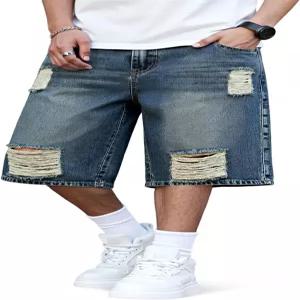 헤이파니 남성 배기 진 반바지 찢어진 루즈핏 롱 데님 무릎 14인치 인사이트