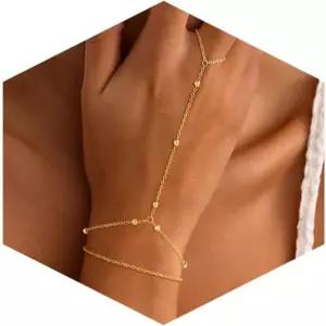 HABIKIP 14K 골드 도금 여성용 핸드 체인 브레이슬릿 2개의 쌓을 수 있는 골드/실버 핑거 링 앙증맞은 논