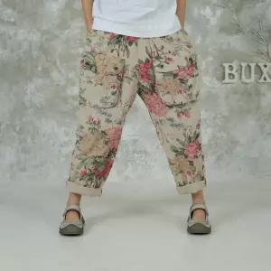벅시루 플로럴 쌤쌤건빵 면린넨 통통녀 데일리 여름 여성 카고 밴딩 9부 통바지 배기