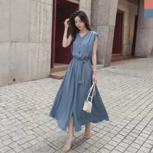 갤러리아 KAA 9006W 쉬폰 V넥 벨트 나시 롱 원피스