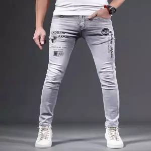 흰색 화이드 청바지 데님 진 바지 밝은 회색 슬림핏 남성 트렌디한 의류 스키니 스트레치 라이트 컬러 캐주