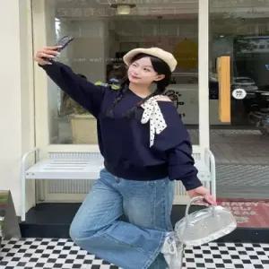 남색 가을 이른 봄가을 오프숄더 풀오버 쇼트 여자맨투맨티 맨투맨 끈 상의 넥 ible3