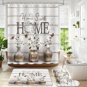 APROPICT 4PCS 농가 샤워 커튼 세트 러그가 있는 컨트리 스타일 스위트 홈 U자형 매트 변기 뚜껑 커버 흰색