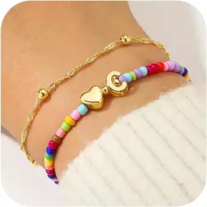 여성 우르스틸 이니셜 브레이슬릿 - 14K 골드 도금 비즈 문자 A-Z 레이어드 스트레치 트렌디 보헤미안