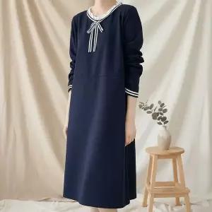 [하프클럽/]여성 롱 네이비 큰사이즈 프릴넥 리본 원피스